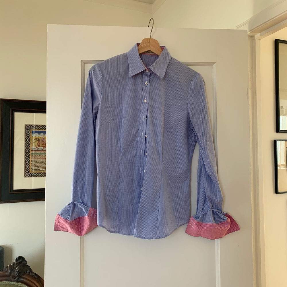 Frauenschuh Blue Checked Blouse w Contrast Cuffs - Size 36